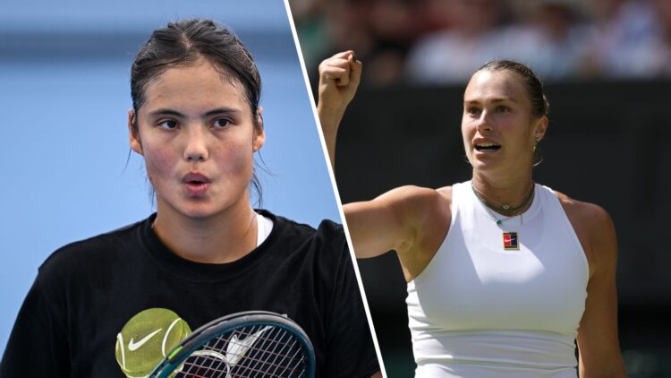 Split image of Emma Raducanu of Great Britain reacts in a practice session during day one of the Cincinnati Open 2025 at Lindner Family Tennis Cent...