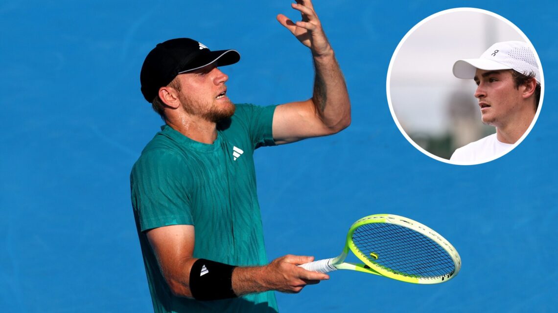 Alejandro Davidovich Fokina of Spain reacts while playing Joao Fonseca of Brazil during the Cincinnati Open at Lindner Family Tennis Center, with a...