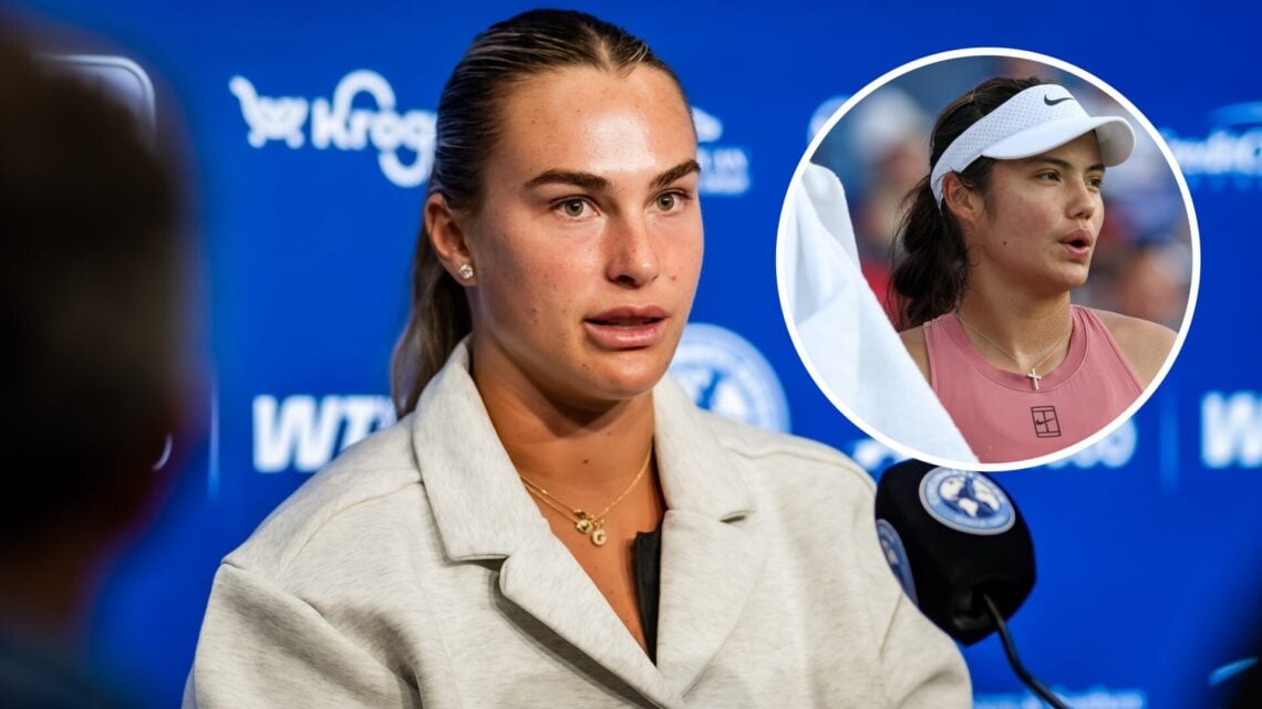 Aryna Sabalenka at a Cincinnati Open press conference, with an inset of Emma Raducanu looking on.