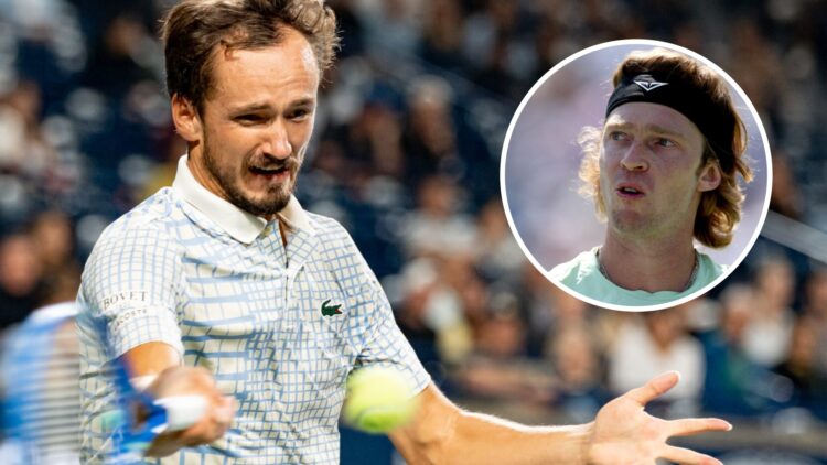 Image of Daniil Medvedev returning a ball to Alexei Popyrin at the 2025 Canadian Open, inset of Andrey Rublev looking on during his win over Lorenz...