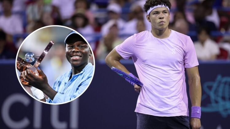 Ben Shelton reacts during the 2025 Mubadala Citi DC Open, inset Victoria Mboko celebrates winning the 2025 Canadian Open title