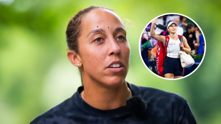 Madison Keys of the United States during Media Day on Day 1 of the Berlin Tennis Open, with an inset of Eva Lys waving to the Canadian Open crowd.