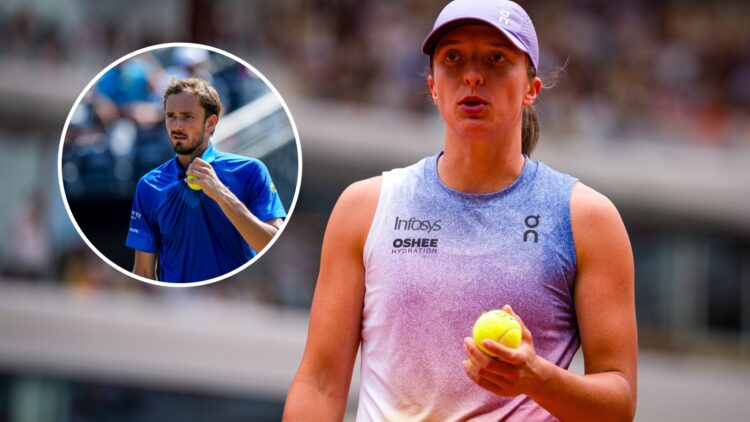 Iga Swiatek looks on during the 2025 French Open, inset Daniil Medvedev looks on during the 2025 Libema Open