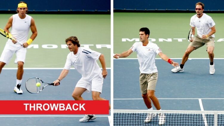 Split image of Francisco Roig of Spain returns a shot to Novak Djokovic and Dusan Vemic of Serbia while playing with Rafael Nadal of Spain during t...