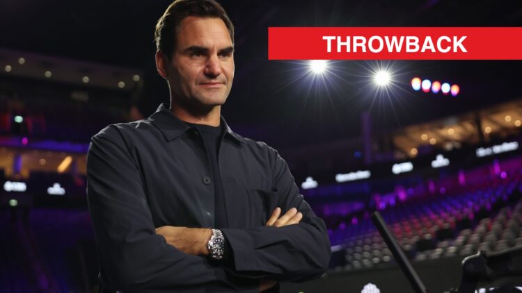 Roger Federer at the Laver Cup in 2024, with a throwback label.