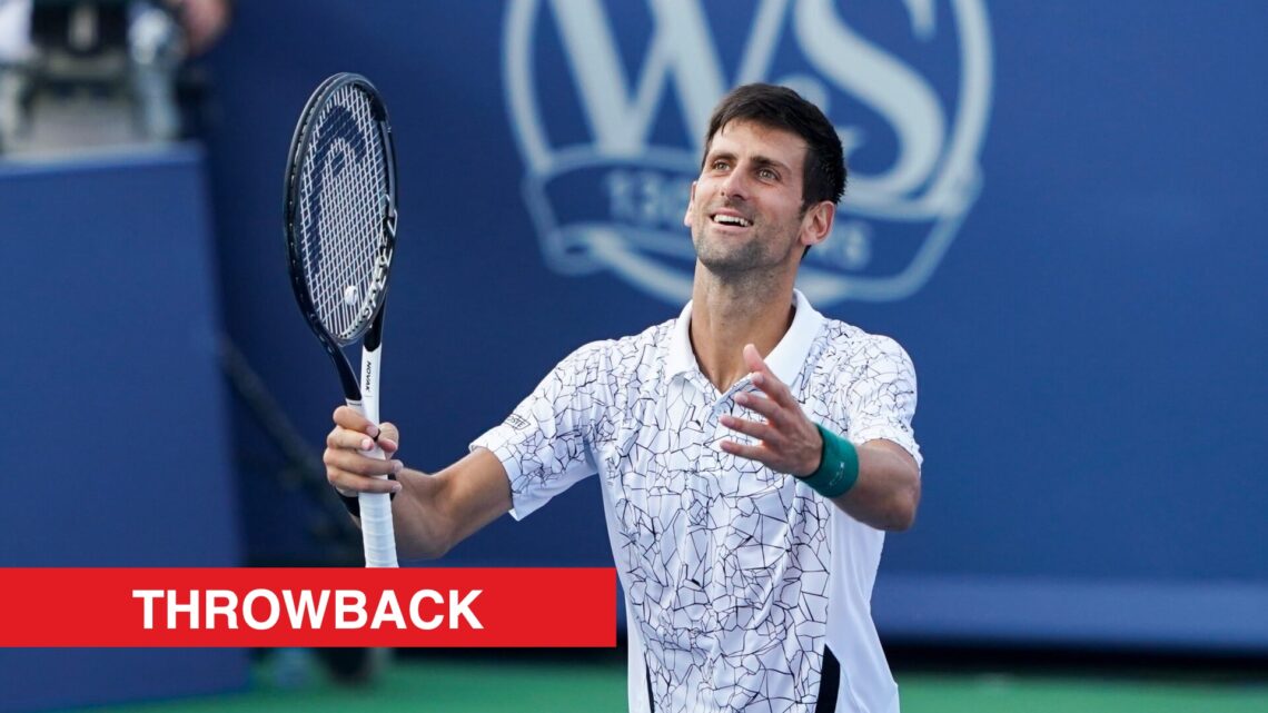 Novak Djokovic celebrating after winning the Cincinnati Open in 2018, with a throwback label.