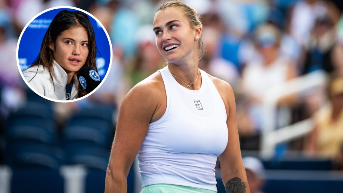 Aryna Sabalenka reacts to defeating Emma Raducanu of Great Britain in the third round on Day 5 of the Cincinnati Open at Lindner Family Tennis Cent...