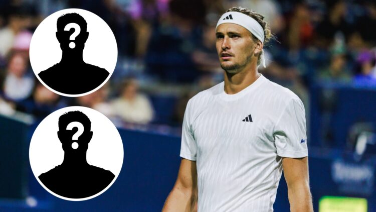 Main: Alexander Zverev looks on during the Canadian Open. Inset: Two mystery logos