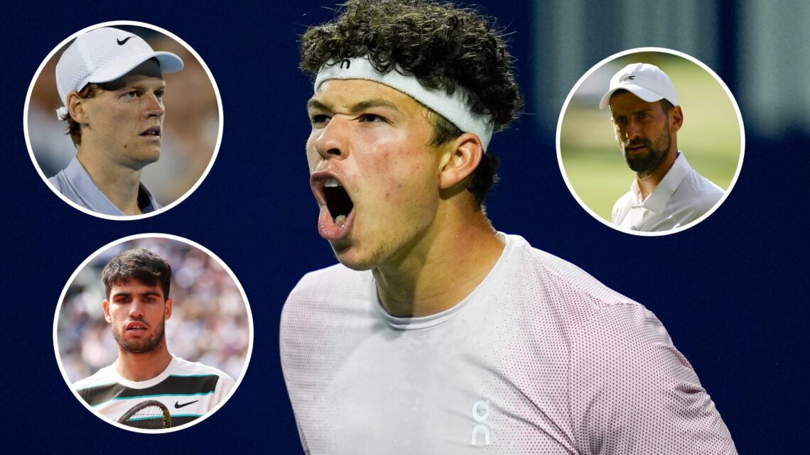 Ben Shelton celebrates at the 2025 Canadian Open, insets Jannik Sinner looks on at the 2025 Cincinnati Open, Carlos Alcaraz reacts at the 2025 Fren...