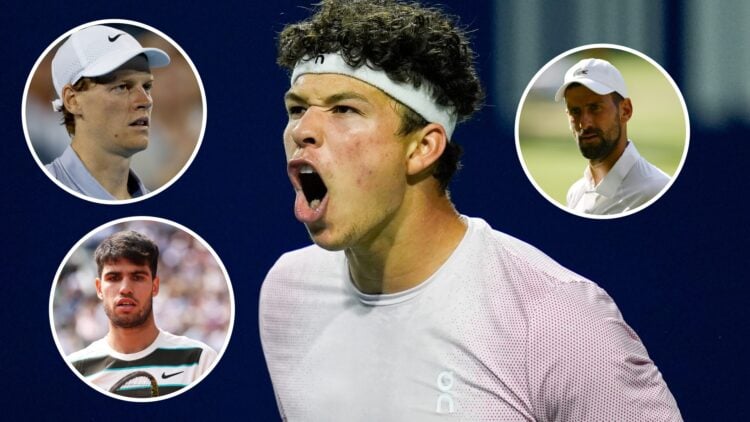 Ben Shelton celebrates at the 2025 Canadian Open, insets Jannik Sinner looks on at the 2025 Cincinnati Open, Carlos Alcaraz reacts at the 2025 Fren...