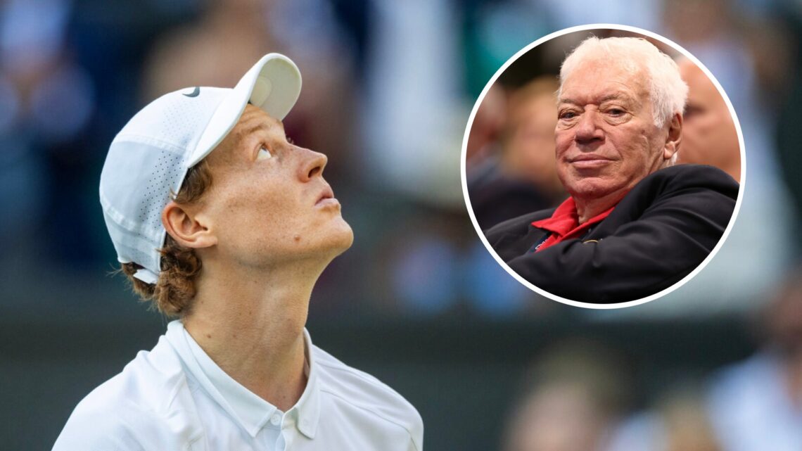 Image of Jannik Sinner reacting to his Wimbledon victory in 2025, inset of Nicola Pietrangeli looking on during a press conference at the 2022 ATP ...