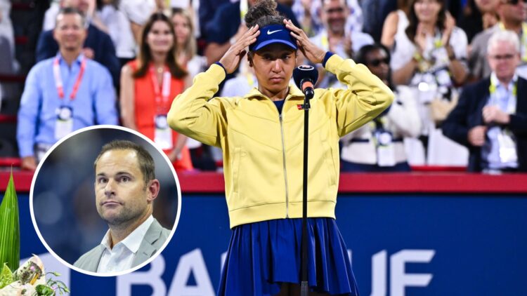 Main: Naomi Osaka looks emotional during the Canadian Open final trophy presentation. Inset: Andy Roddick looks on during the US Open trophy presen...