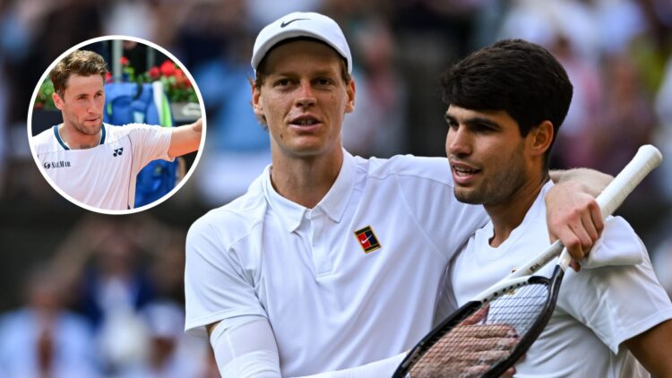 Image of Carlos Alcaraz and Jannik Sinner embracing after the 2025 Wimbledon final, inset of Casper Ruud waving to the crowd after beating Jaume Mu...