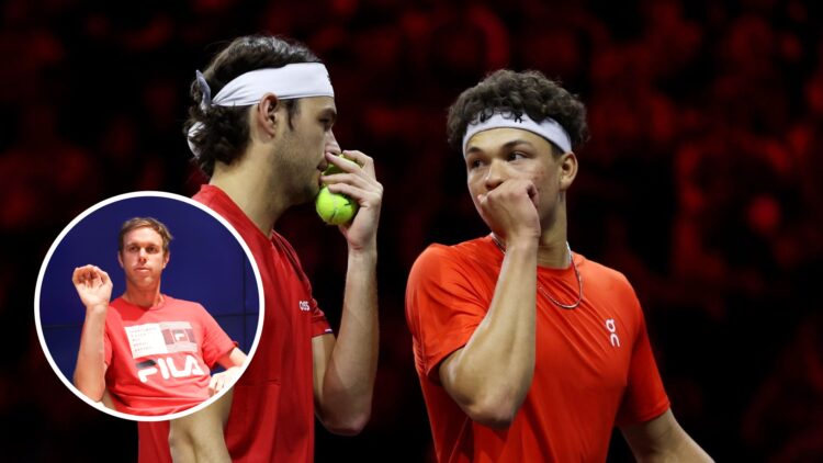 Main: Taylor Fritz and Ben Shelton play doubles at the Laver Cup in 2024. Sam Querrey answers questions at the Hawaii Tennis Open