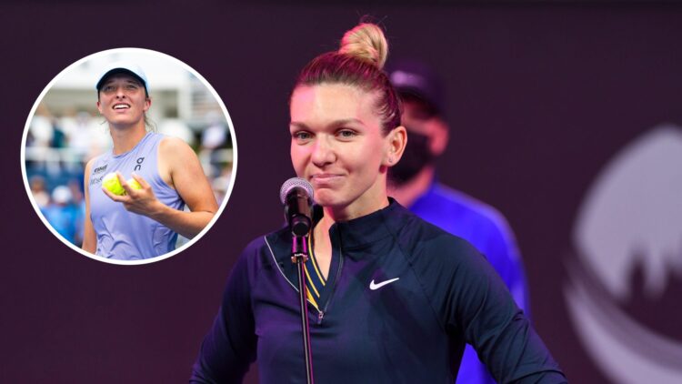 Simona Halep giving a speech at the Transylvania Open, with an inset of Iga Swiatek at the Cincinnati Open.