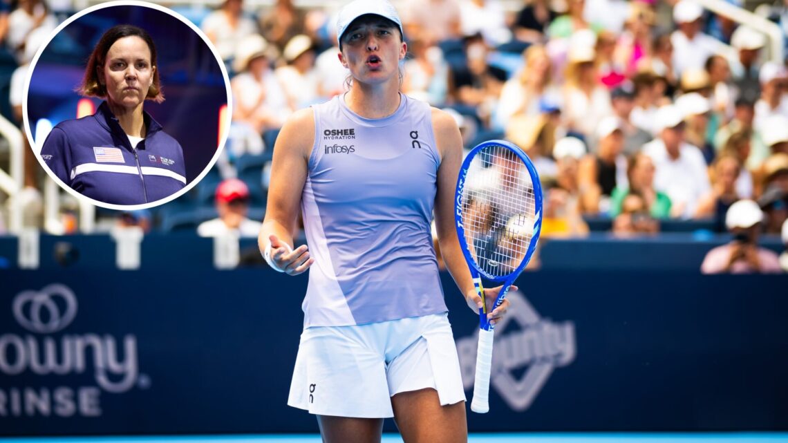 Iga Swiatek of Poland in action against Elena Rybakina of Kazakhstan in the semi-final on Day 11 of the Cincinnati Open at Lindner Family Tennis Ce...