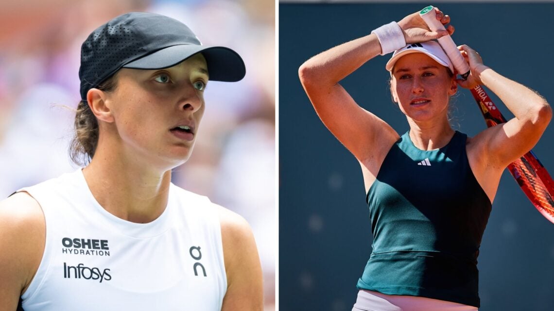 Split image of Iga Swiatek of Poland in action against Suzan Lamens of the Netherlands in the second round on Day 5 of the US Open at USTA Billie J...