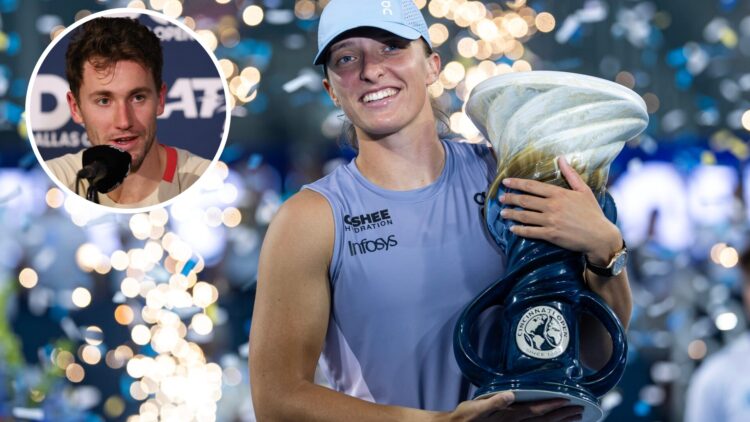 Iga Swiatek of Poland poses with the winner's trophy after beating Jasmine Paolini of Italy in the finals of the women's singles at the Lindner Fam...
