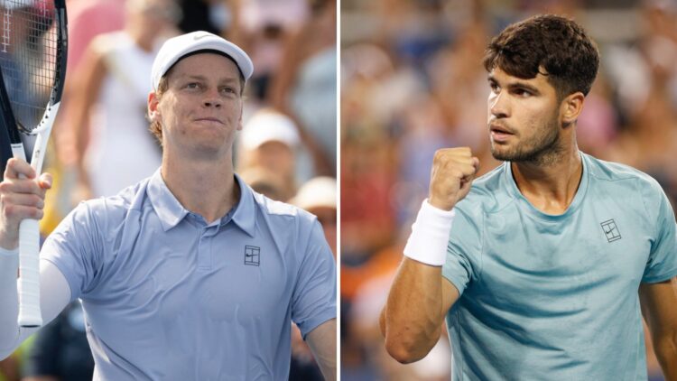 Split image of Jannik Sinner and Carlos Alcaraz celebrating at the 2025 Cincinnati Open