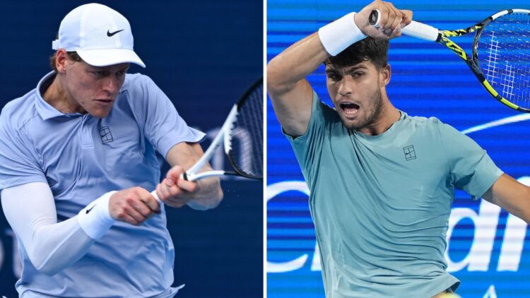 Jannik Sinner & Carlos Alcaraz playing tennis.