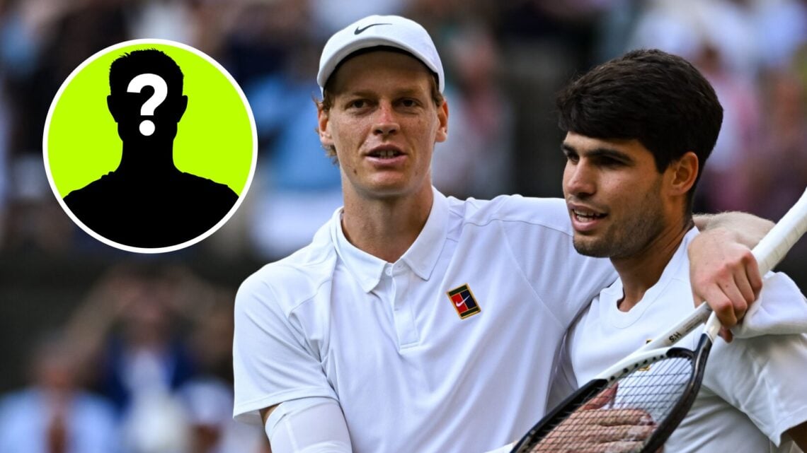 Image of Carlos Alcaraz and Jannik Sinner embracing after the 2025 Wimbledon final, inset of a male mystery player