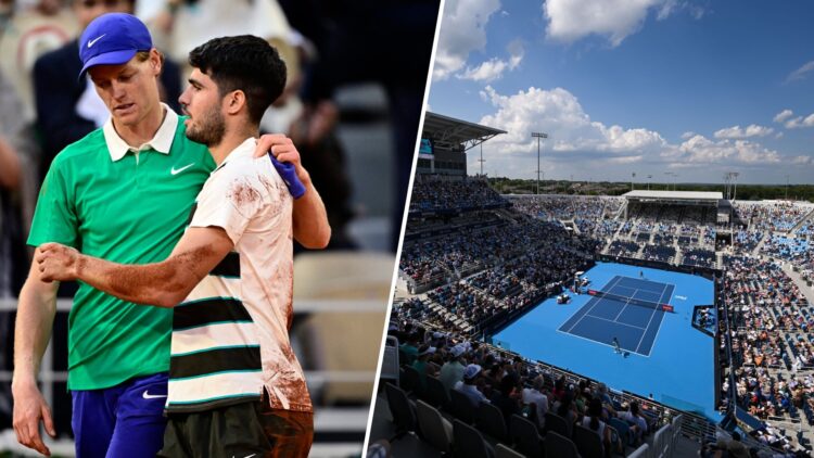Split image of Jannik Sinner and Carlos Alcaraz embracing after the 2025 French Open final (L) and a general view of the 2025 Cincinnati Open Cente...