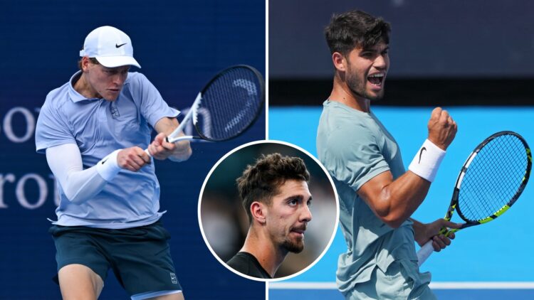 Split image of Jannik Sinner (L) and Carlos Alcaraz (R) each playing at the 2025 Cincinnati Open, inset Thanasi Kokkinakis looks on at the 2025 Ade...