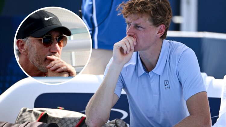 Image of Jannik Sinner reacting after the 2025 Cincinnati Open final, inset of Darren Cahill looking on during the 2025 Cincinnati Open