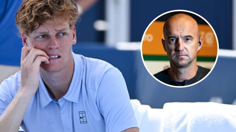 Image of Jannik Sinner reacting after the 2025 Cincinnati Open final, inset of Ivan Ljubicic looking on during a press conference in 2021