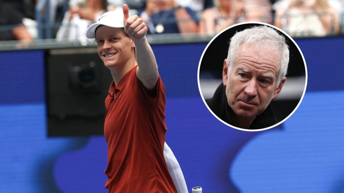 Jannik Sinner celebrates at the 2025 US Open, inset John McEnroe looks on before the 2018 Laver Cup
