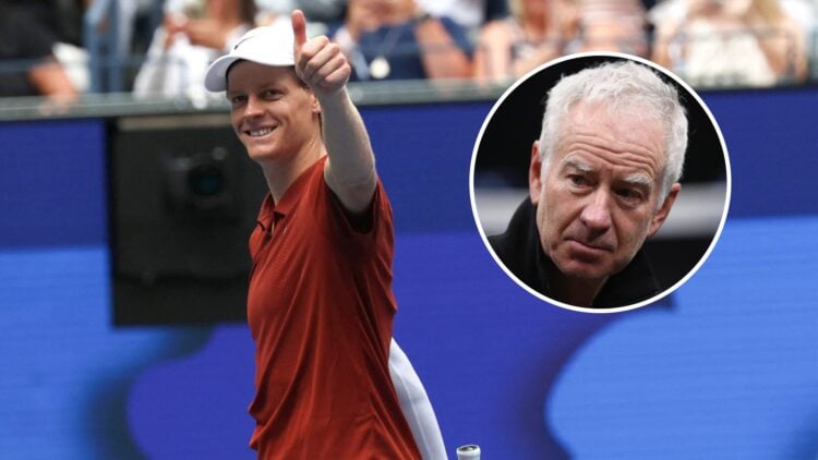 Jannik Sinner celebrates at the 2025 US Open, inset John McEnroe looks on before the 2018 Laver Cup
