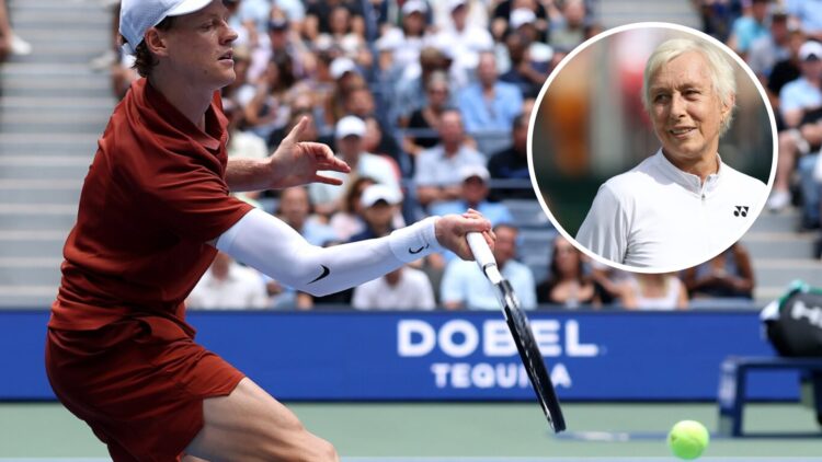 Image of Jannik Sinner returning a shot to Vit Kopriva at the 2025 US Open, inset of Martina Navratilova looking on during the 2024 Wimbledon tourn...