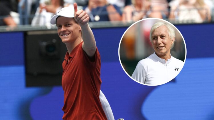 Jannik Sinner celebrates at the 2025 US Open, inset Martina Navratilova looks on at Wimbledon 2024