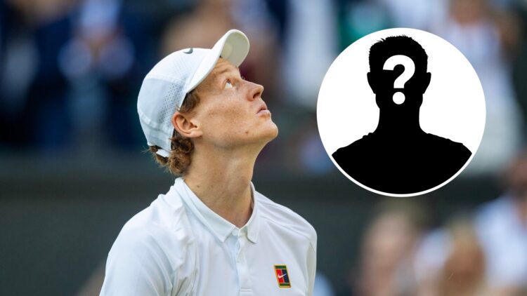 Jannik Sinner reacts during his 2025 Wimbledon final win over Carlos Alcaraz, inset mystery player
