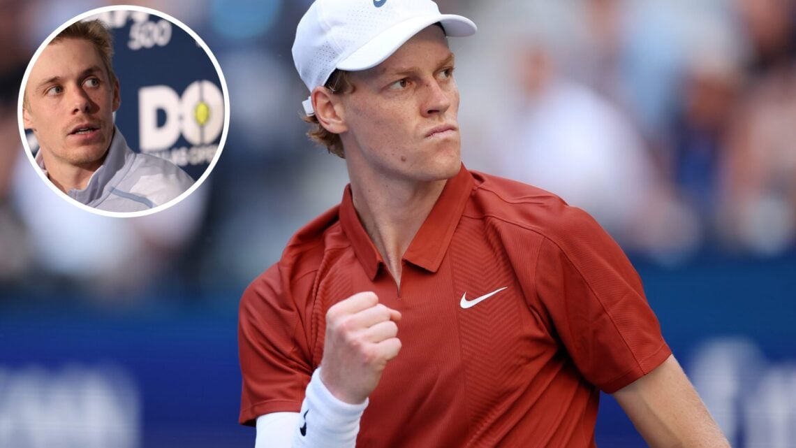 Jannik Sinner of Italy reacts while playing against Denis Shapovalov of Canada during their Men's Singles Third Round match on Day Seven of the 202...