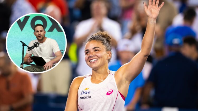 Main: Jasmine Paolini waves to the crowd at the Cincinnati Open. Inset: Andy Roddick speaks at the Served live podcast at the Vox Media Podcast Sta...