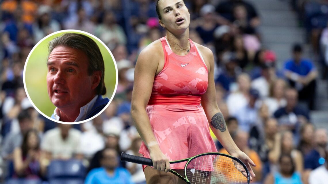 Main: Aryna Sabalenka reacts during the 2023 US Open final. Inset: Jimmy Connors is interviewed during Day Eleven of the 2012 US Open