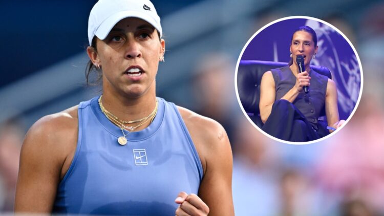 Image of Madison Keys celebrating during her quarterfinal match at the 2025 Canadian Open, inset of Andrea Petkovic on stage during the OMR Festiva...
