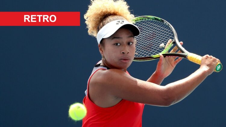 Image of Mari Osaka returning a ball at the 2019 Miami Open