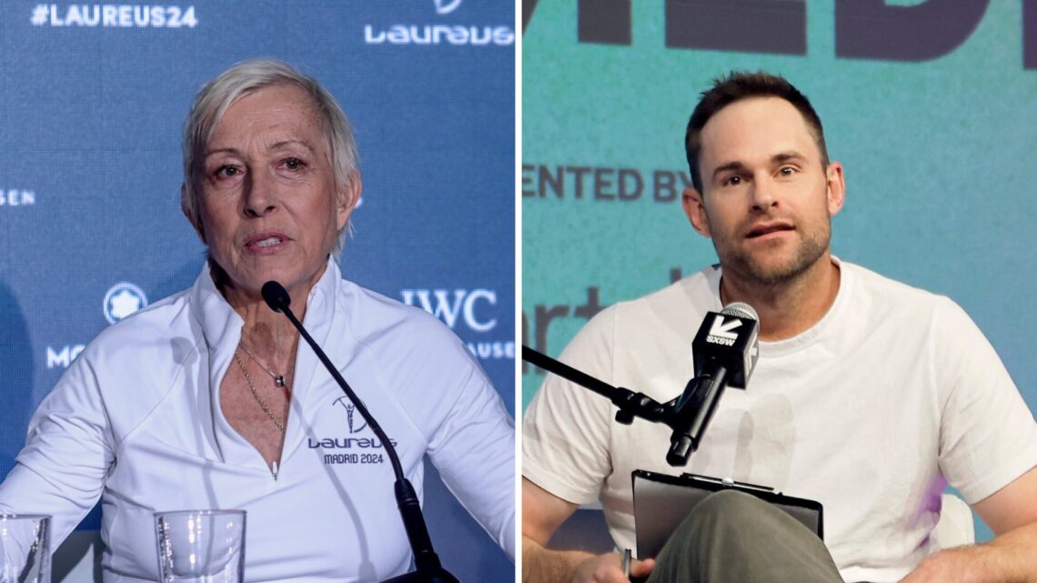Martina Navratilova (left) and Andy Roddick (right) both speak into a microphone