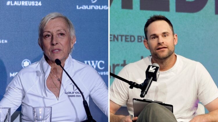 Martina Navratilova (left) and Andy Roddick (right) both speak into a microphone