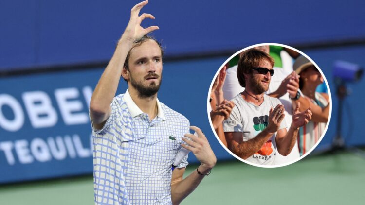 Daniil Medvedev in action at the US Open, with an inset of Gilles Cervara applauding Daniil Medvedev at the 2019 Cincinnati Open.