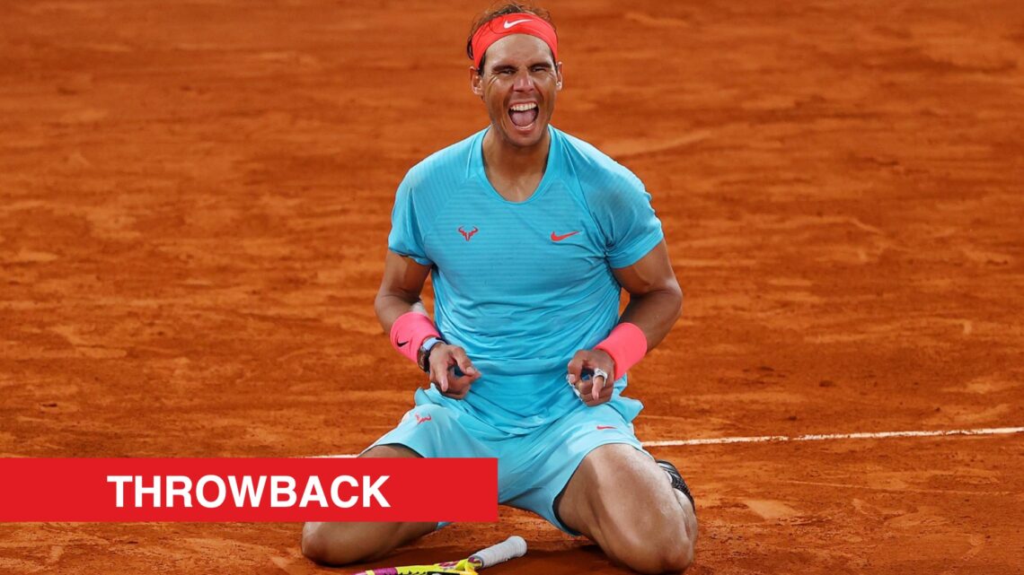 Rafael Nadal celebrating at Roland Garros in 2020.