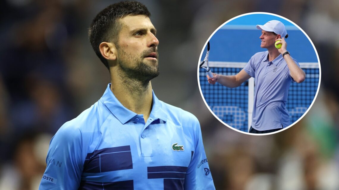 Novak Djokovic looks on during the 2024 US Open, inset Jannik Sinner celebrates at the 2025 Cincinnati Open