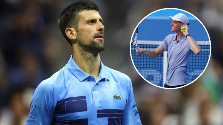 Novak Djokovic looks on during the 2024 US Open, inset Jannik Sinner celebrates at the 2025 Cincinnati Open