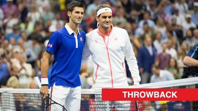 Novak Djokovic and Roger Federer pose before the 2015 US Open final with throwback label