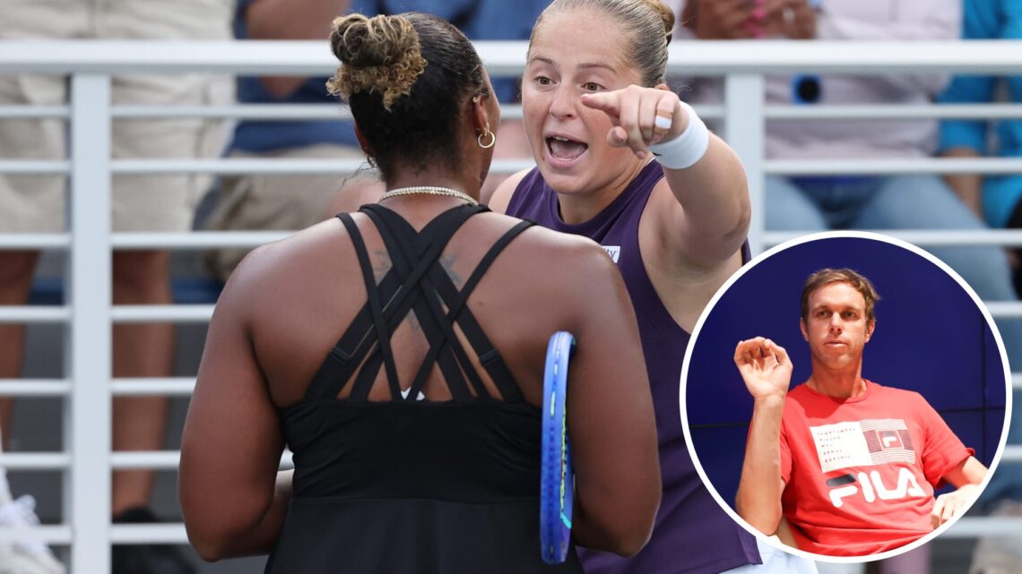 Jelena Ostapenko of Latvia argues with Taylor Townsend of the United States following their Women's Singles Second Round match on Day Four of the 2...