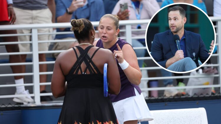 Jelena Ostapenko of Latvia argues with Taylor Townsend of the United States following their Women's Singles Second Round match on Day Four of the 2...