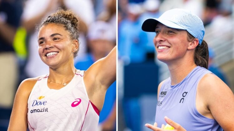 Jasmine Paolini (L) waving to the Cincinnati Open crowd, Iga Swiatek (R) reacts at the 2025 Cincinnati Open.