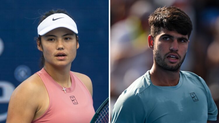 Emma Raducanu (L) reacts at the Cincinnati Open, Carlos Alcaraz (R) looks on in Cincinnati.